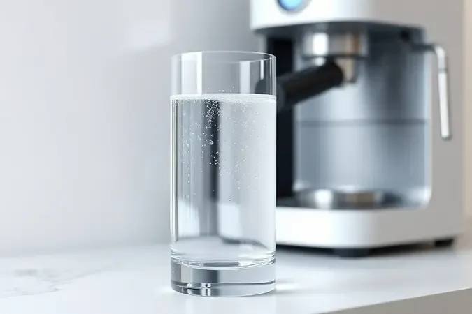 Reservatório de água transparente com água limpa em render 3D conceitual ao laddo de cafeteira branca