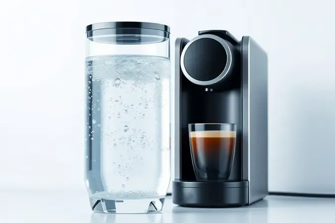 Reservatório de água transparente ao lado de cafeteira moderna em render 3D conceitual
