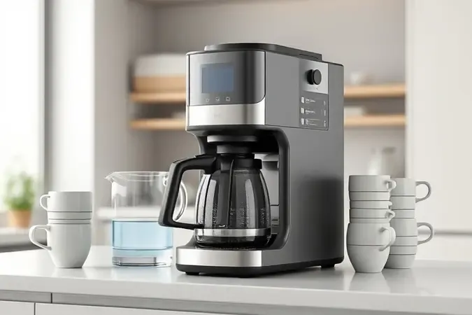 Cafeteira sem marca com reservatório transparente ao lado de jarra e canecas em copa de escritório.