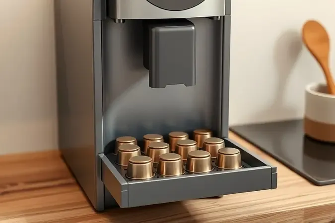 Gaveta com cápsulas de café usadas em render 3D moderno e susténtável