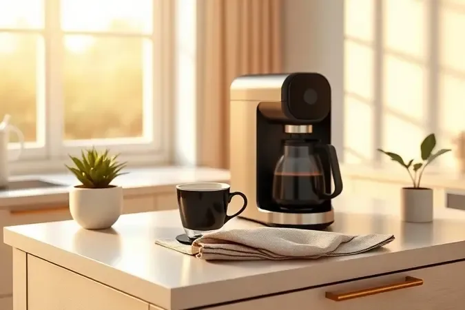 Ritual matinal de café preto com máquina moderna em cozinha minimalista iluminada pelo sol