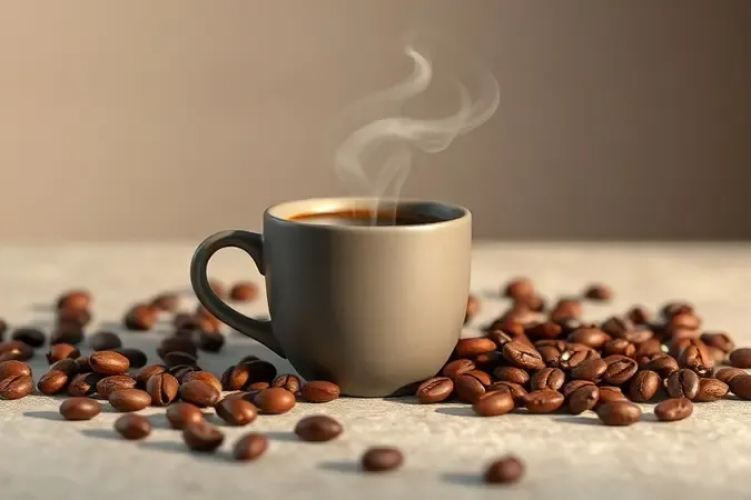 xícara de café com vapor em espiral e grãos torrados em cena conceitual sofisticada