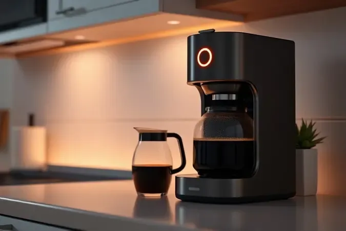 Cena noturna conceitual de cafeteira com desligamento automático em bancada moderna com iluminação suave