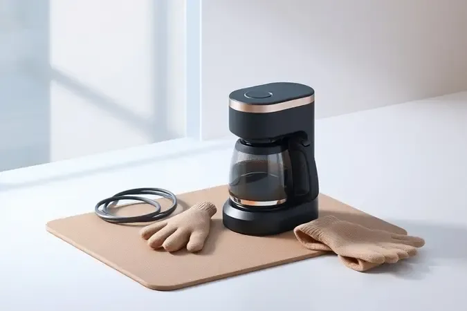 Cafeteira portátil elétrica conceitual sobre tapete térmico, com cabo e luvas isolantes, em render 3D de segurança e confiabilidade.