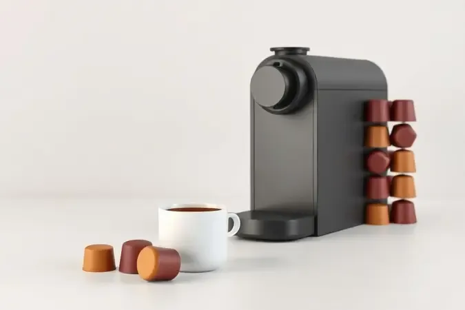 Cafeteira de cápsulas sendo avaliada com fileira de cápsulas e xícara de café em cena conceitual minimalista