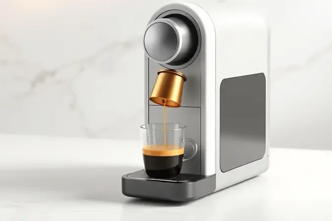 Ilustração 3D do sistema de cápsulas, com cápsula suspensa sobre a máquina moderna e cafég caindo na xícara.