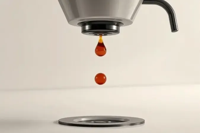 Sistema corta-pingos de cafeteira evitando respingos na bancada em cena conceitual