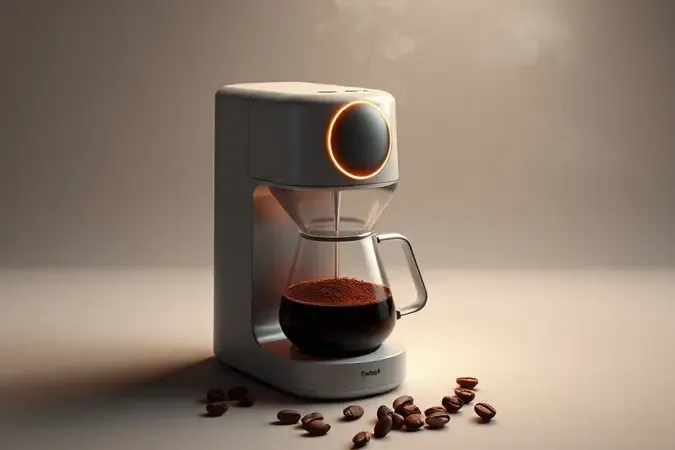 Render conceitual de sistema inteligente de preparo de café com água quente sobre grãos moídos