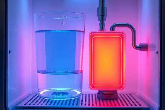 Ilustração conceitual do sistema de aquecimento termoblock de cafeteira moderna com reservatório de água translúcido e brilho quente.