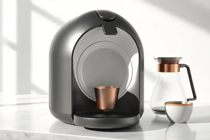 Render conceitual de máquina de cápsulas com cúpula aberta e fluxo giratório representando o sistema Vertuo