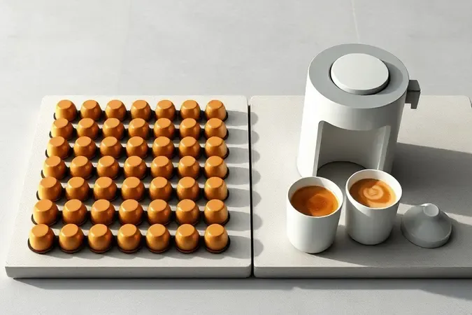 Render 3D conceitual comparando cápsulas de café pequenas e grandes ao lado de máquina minimalista, sem marcas