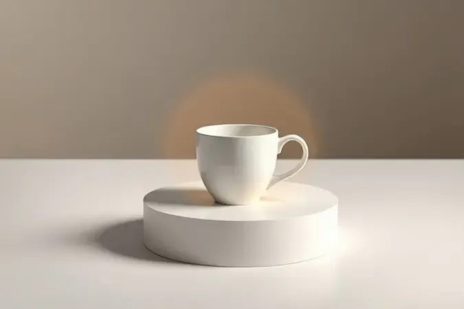Xícara de café elegante sobre pedestal com anel de luz dourado sutil, representando benefícios de programa de fidelidade