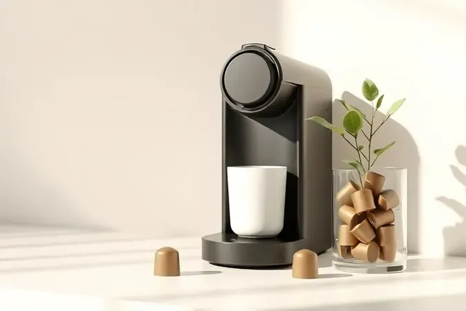 Cena conceitual de sustentabilidade com cafeteira de cápsulas, cápsulas usadas e planta em ambiente claro