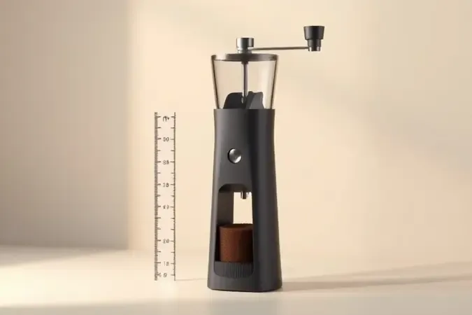 Moedor de café manual compacto ao lado de régua sobre superfície neutra, ilustrando proporções reduzidas e design minimalista