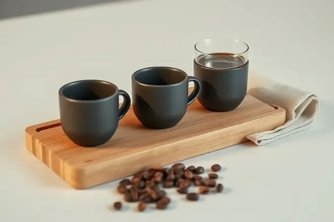 Cena conceitual de teste às cegas de café com três xícaras cerâmicas idênticas sobre tábua de madeira