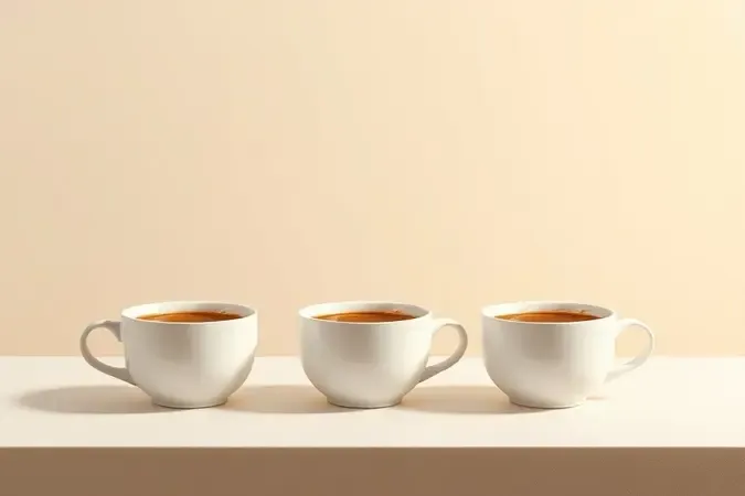 Xícaras de café dispostas para teste sensorial em cena conceitual minimalista com vapor suave e luz quente