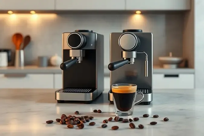 Bancada moderna com cafeteira superautomática sem marca, porta-filtro e cápsula em render conceitual premium.