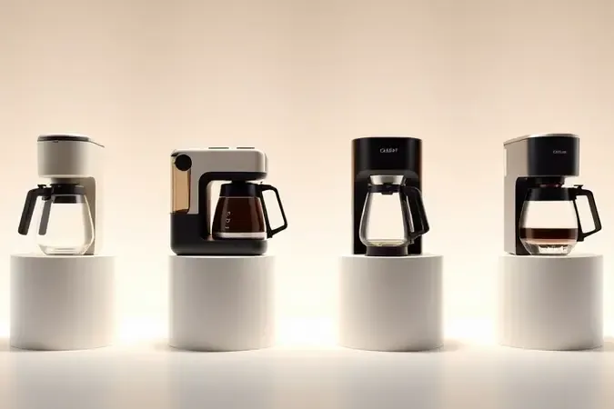 Comparativo conceitual em 3D de diferentes tipos de cafeteira elétrica alinhadas sobre displays minimalistas