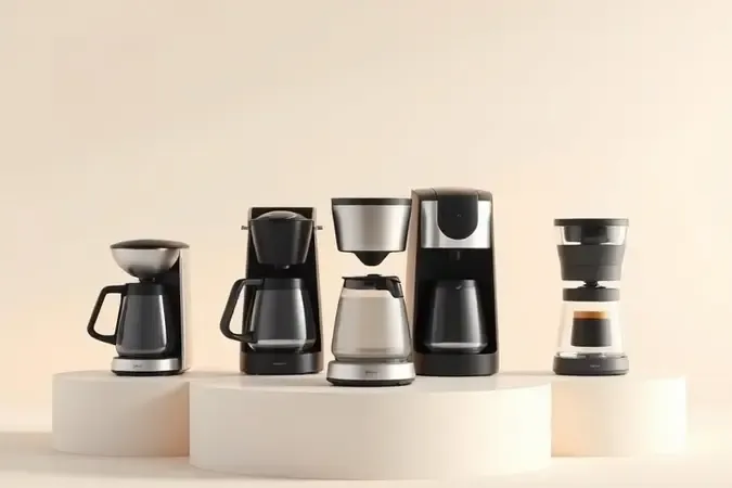 Três tipos de cafeteiras elétricas modernas exibidas em pedestal conceitual minimalista com iluminação suave
