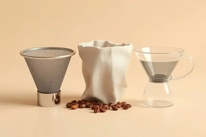 Tipos de coador de café em render 3D conceitual com pano, metal e vidro sobre superfície neutra e limpa