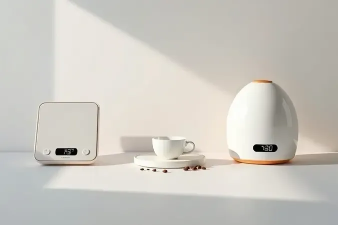 Comparação conceitual entre três modelos de balança de café digital, com timer, dosadora e eletrônica, em cena clean