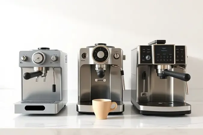 Três modelos de cafeteiras espresso em bancada de mármore branco, cada uma com xícara de café