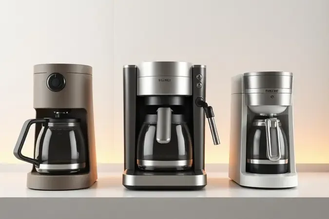 Três tipos de cafeteira em render 3D conceitual, modelos de filtro, espresso e cápsula alinhados sobre bancada com acabamento fosco e tons neutros.