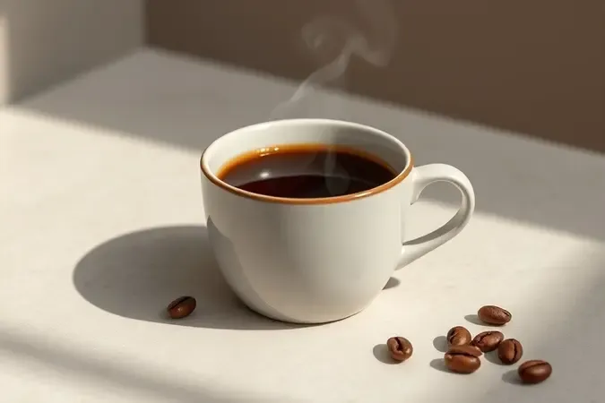 Xícara de café com vapor suave e grãos ao redor em cena 3D conceitual sobre sabor e torra