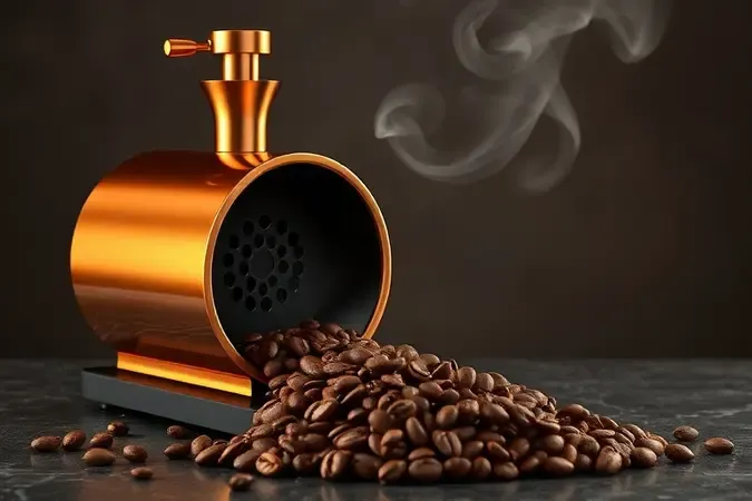 Torrefação de café gourmet com tambor de cobre, grãos torrados e vapor em iluminação quente