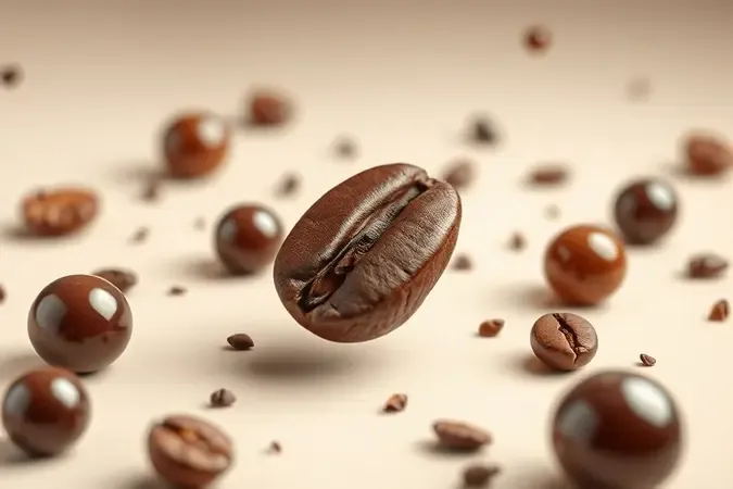 Grão de café aberto com partículas e esferas abstratas de sabor, representando a influência da torra no paladar.