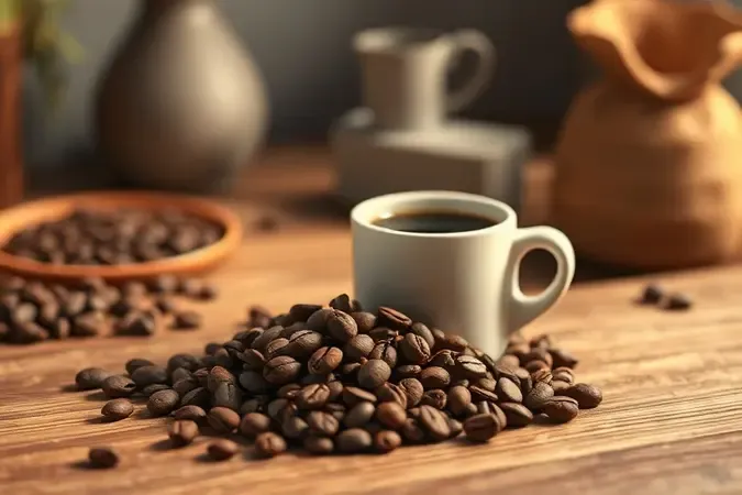 Grãos de café e xícara em cena conceitual quente sobre a tradição brasiliera do café