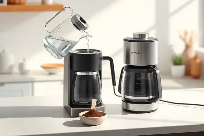 Cena conceitual de água fresca sendo despejada no reservatório de cafeteira elétrica moderna em cozinha