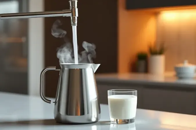 Render de vaporizador criando microespuma cremosa de leite em jarra de aço inox