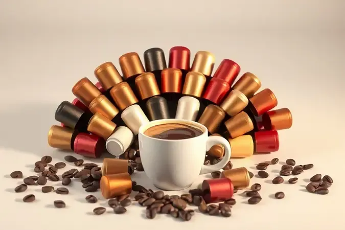 Render 3D conceitual com variedade de cápsulas de café metálicas, grãos e xícara, representando opções e custos