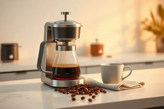 Cena final conceitual de cafeteira moderna com xícara de café servida, grãos e iluminação quente e acolhedora.