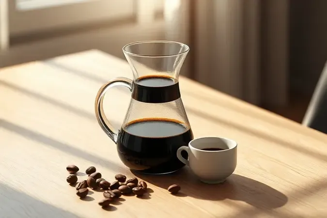jarra de vidro com café fresco ao lado de xícara e grãos em cena matinal minimalista